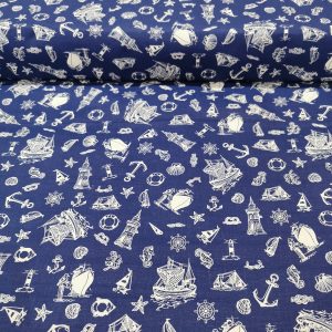 Kék alapon hajó mintás pamutvászon