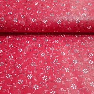Kékfestős - piros alapon fehér apró virágmintás pamutvászon