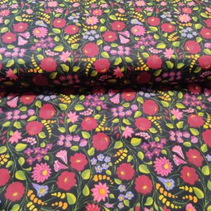 Fekete alapon virágmintás pamutvászon